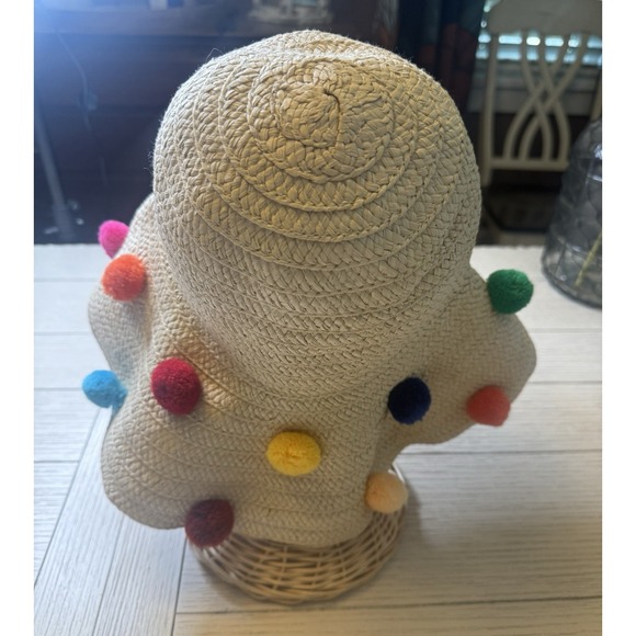 Betsey Johnson Floppy Sun Beach Hat with Multicolored Pom Pom's One Size - Picture 5 of 7